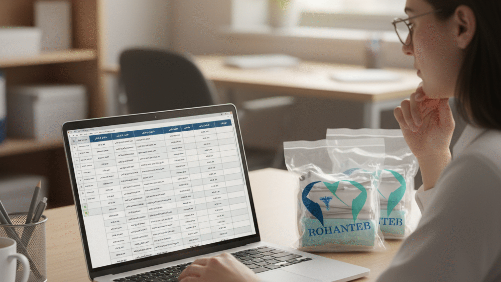 مسئول تدارکات در حال مقایسه نمونه پک‌های جراحی و بررسی چک‌لیست انتخاب پک.