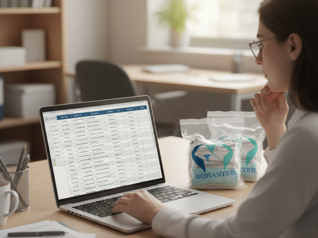 مسئول تدارکات در حال مقایسه نمونه پک‌های جراحی و بررسی چک‌لیست انتخاب پک.