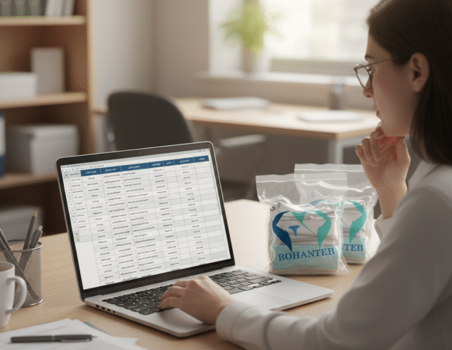 مسئول تدارکات در حال مقایسه نمونه پکهای جراحی و بررسی چکلیست انتخاب پک.